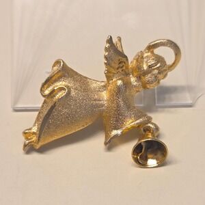 Vintage ROBIN RUSH RR Signed Gold‎ Tone Angel Cherub Holding Bell Brooch Pin